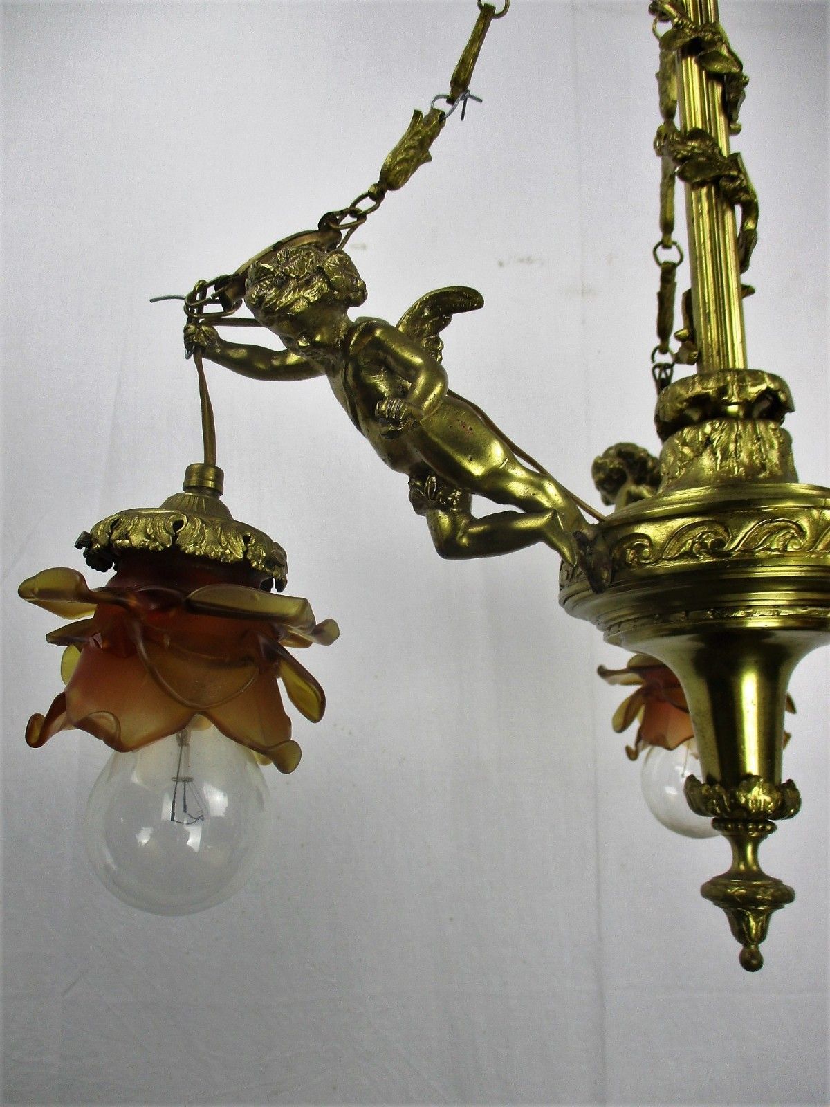 Antique Empire  Chandelier Putti Cherubs Angels 3 Arm Lights Amber Shades Lovely photo Lighting