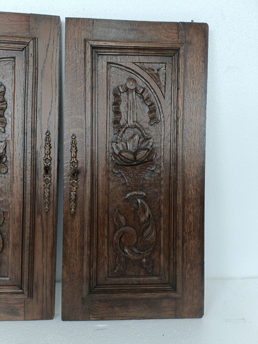 Pair Antique French Hand Carved Wood Oak Door Panels Reclaimed Architectural Flo photo 283.0