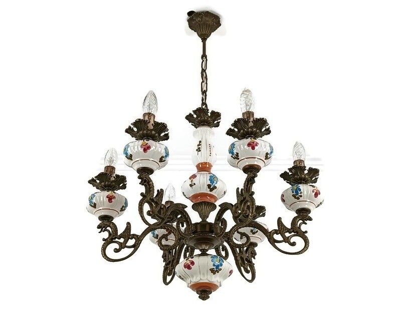 Chandelier Pottery Faience Porcelain Fixture Dragons 6 Lights Arm Vintage Handpa