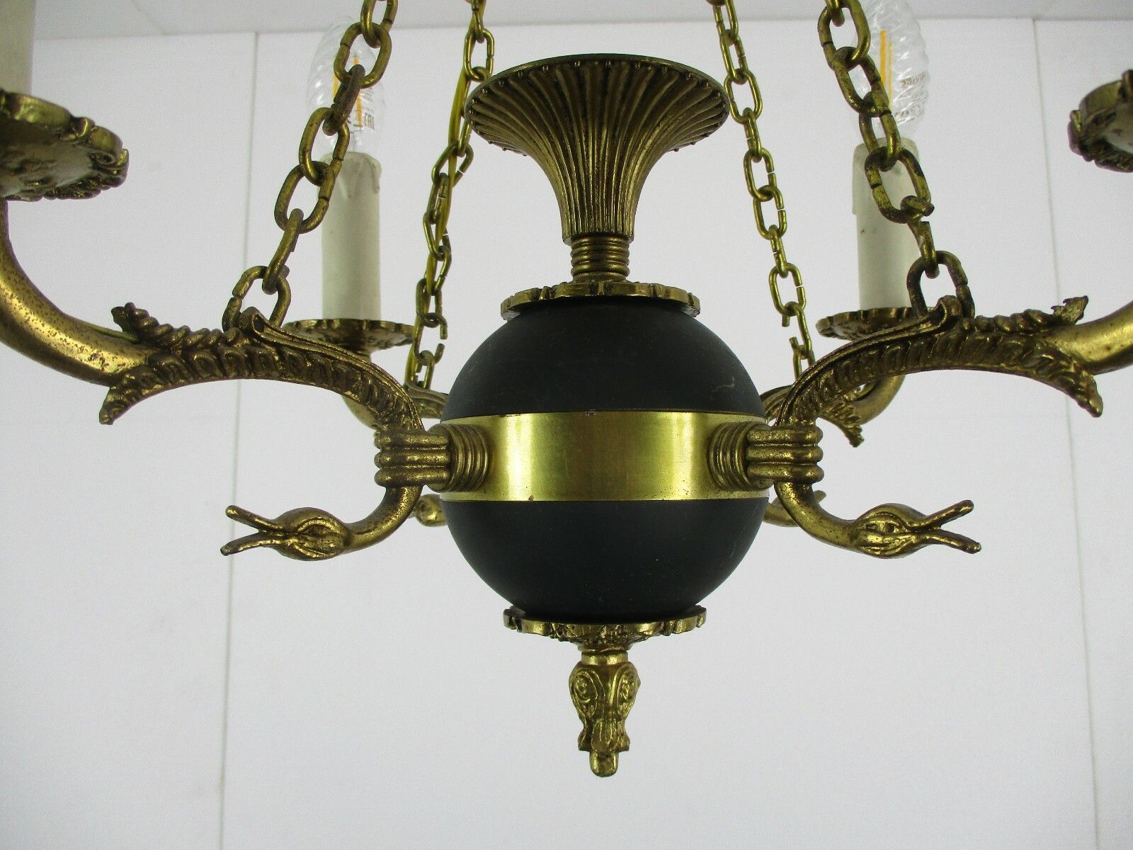 French Empire Pan Chandelier Green Tole Brass 4 Arms Hollywood Regency Ducks Htf photo Lighting