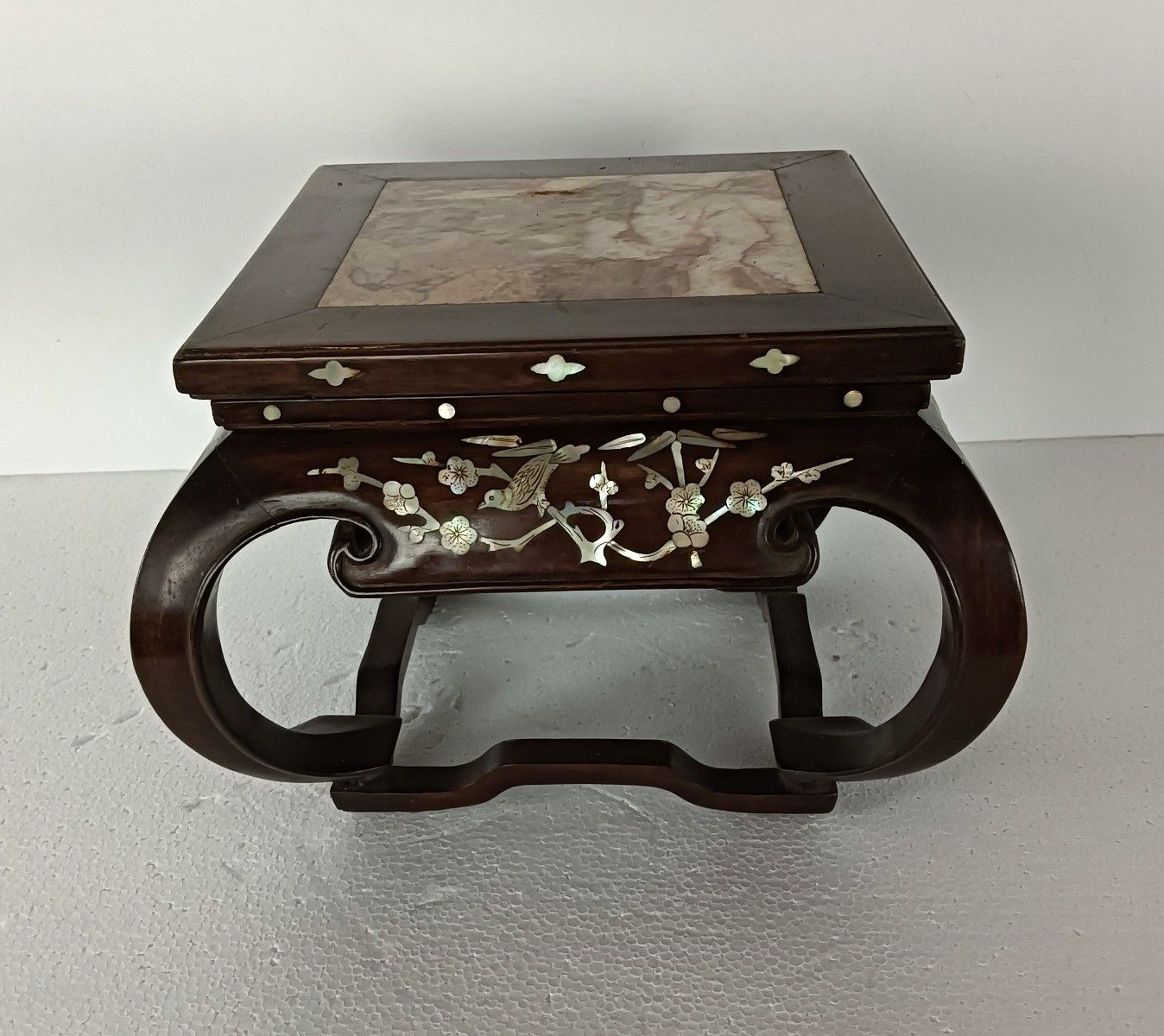 Small Gorgeous Low Chinese Side Bonsai Table Marble Top Mother Of Pearl Wood Vin photo furniture
