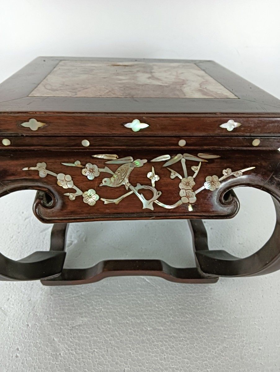 Small Gorgeous Low Chinese Side Bonsai Table Marble Top Mother Of Pearl Wood Vin photo for sale