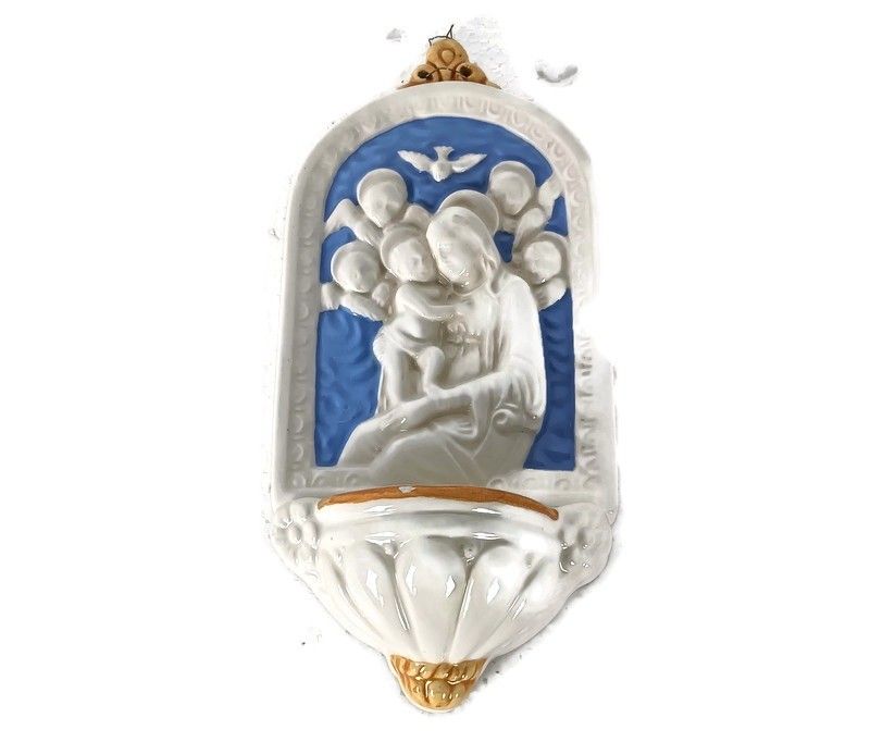 Beautiful Holy Water Font Vessel Italy, Virgin Mary, Infant Jesus, Angels Vintag