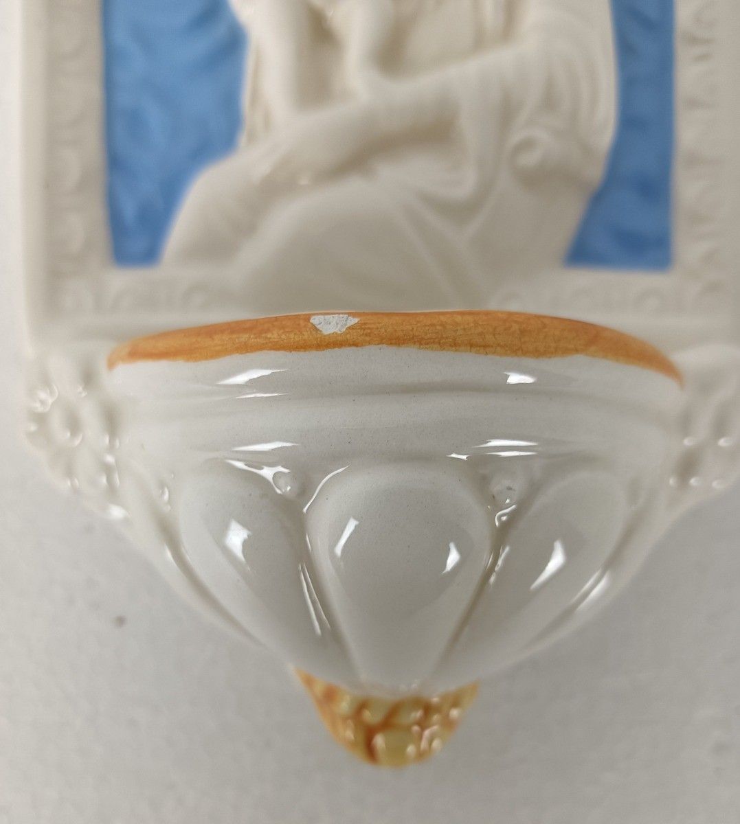 Beautiful Holy Water Font Vessel Italy, Virgin Mary, Infant Jesus, Angels Vintag photo furniture