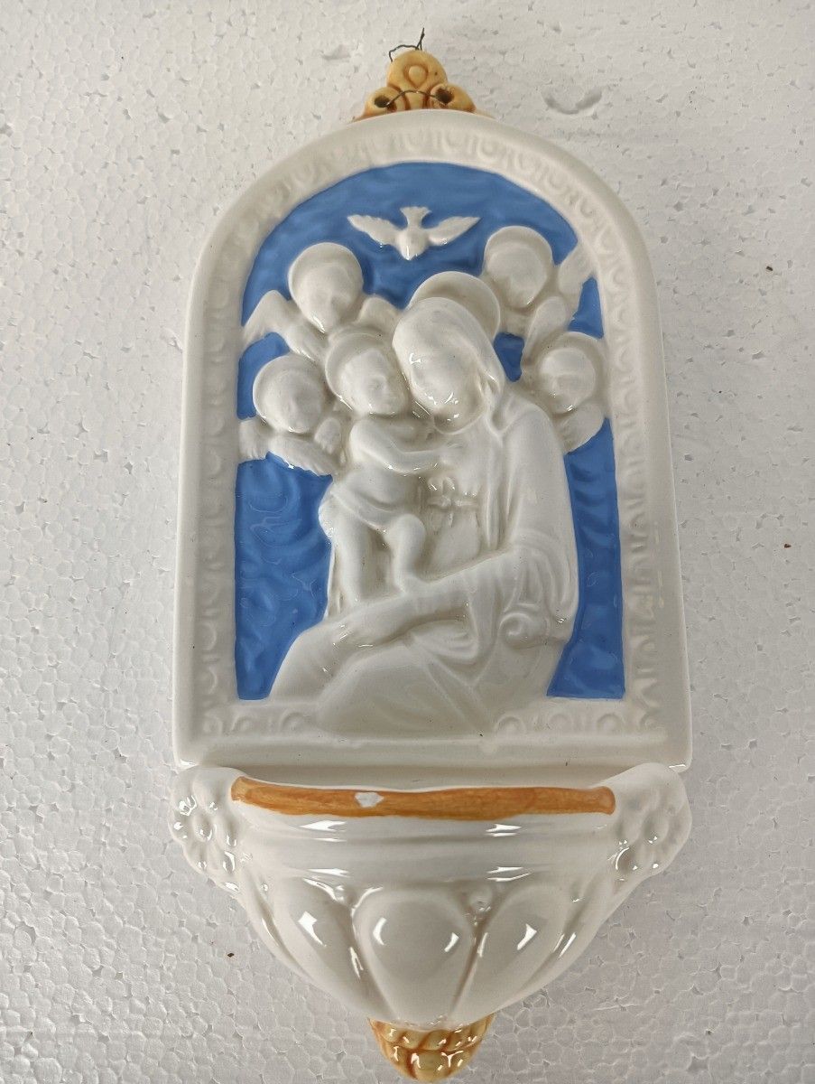 Beautiful Holy Water Font Vessel Italy, Virgin Mary, Infant Jesus, Angels Vintag photo Art