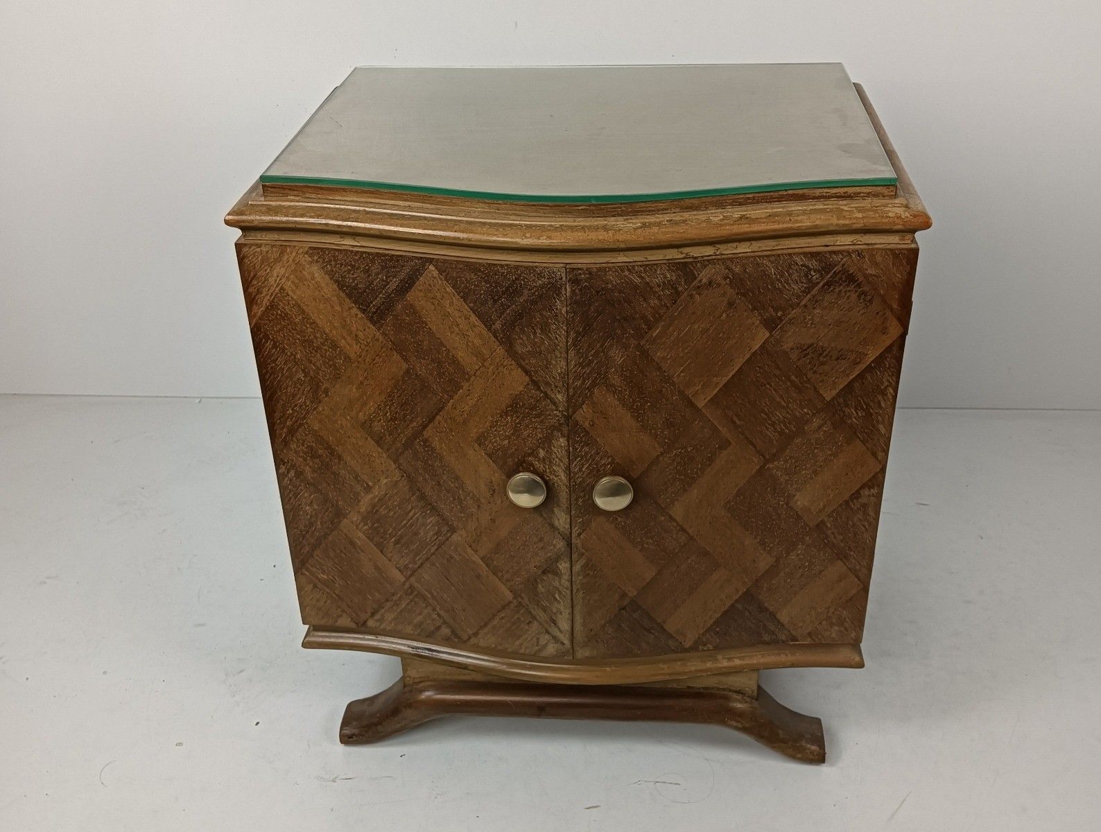 photo for sale Art Deco Nightstand End Table Cabinet Inlay Marquetry Wood Glass Top Antique Lov