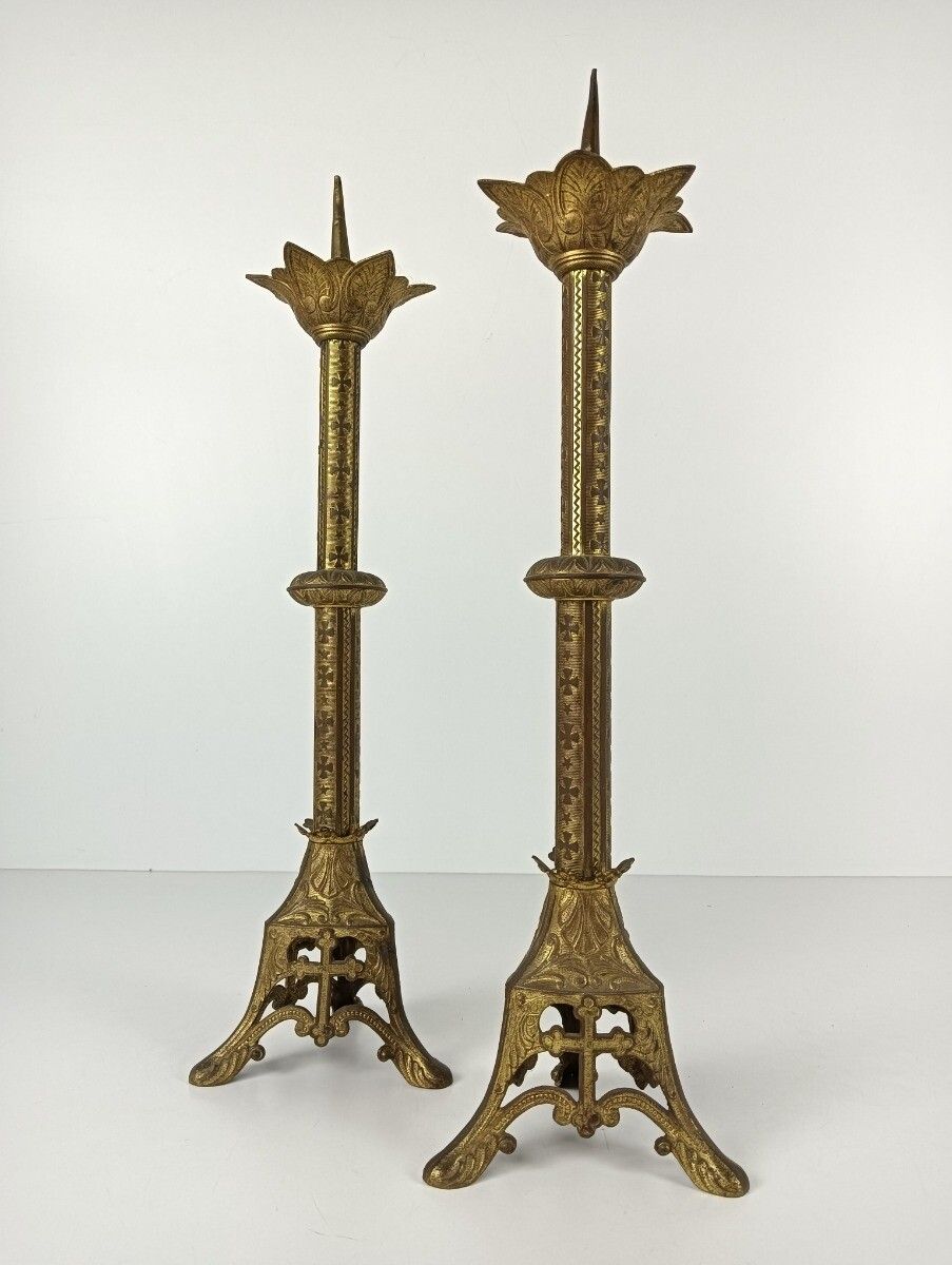 Gothic Candle Stick Candle Holders Brass  Antique 19th Century Couple Beautiful photo for sale
