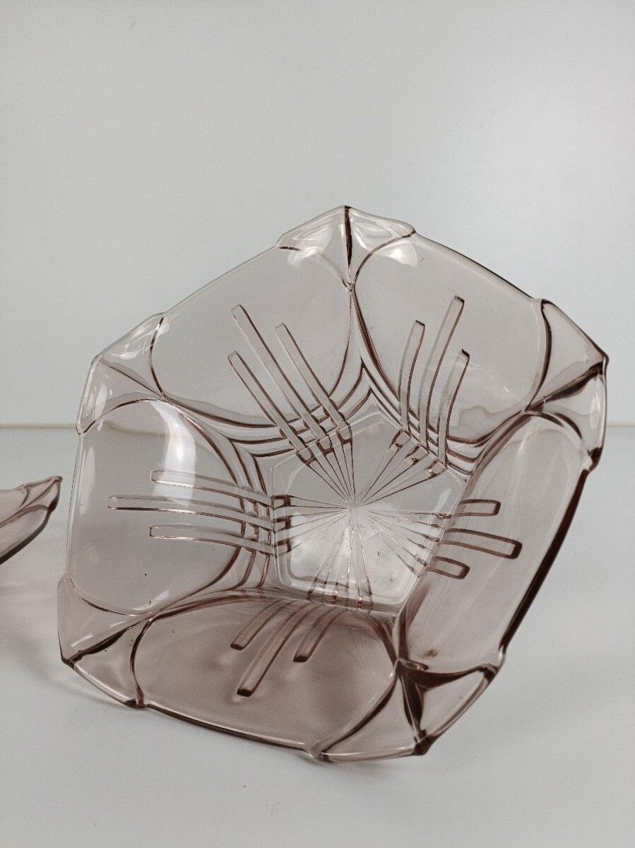 Art Deco Bowl Dish Centerpiece Basket With Serving Tray Art Glass Pink Val Sain photo vinterior