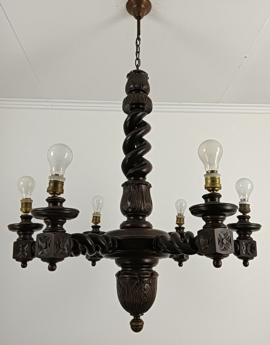 Open Barley Twist Twisted Wooden Wood Chandelier 6 Lights Gorgeous Farmhouse Sty photo for sale