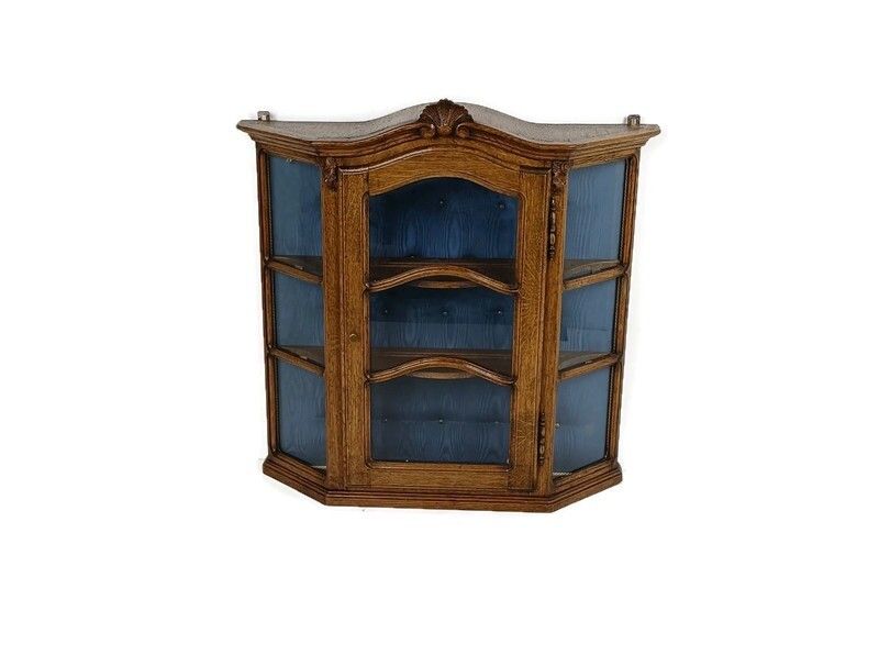 Ornate Carved Wood Glass Doors Display Cabinet Blue Velvet Modernist Vintage