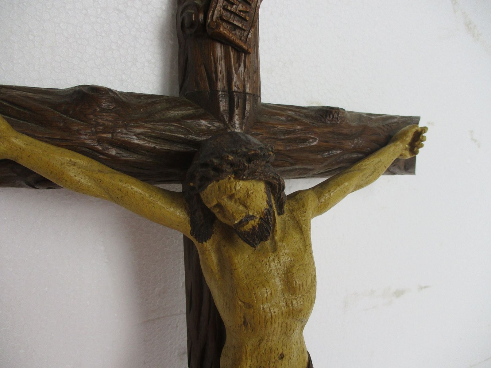 Hanging Crucifix Cross Corpus Christi Jesus Christ Hand Carved Ornate Wood Gorge photo for sale
