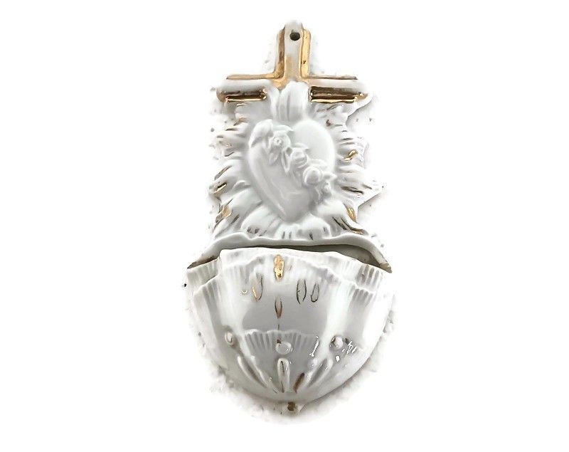 Lovely Small Antique Holy Water Font Vessel Porcelain Bisque Holy Heart Crucifix
