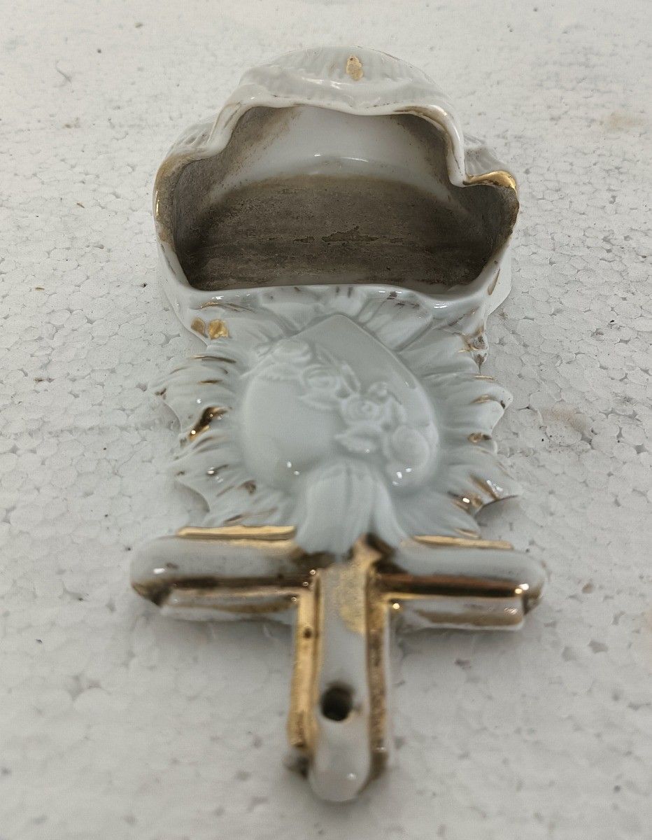 Lovely Small Antique Holy Water Font Vessel Porcelain Bisque Holy Heart Crucifix photo buy