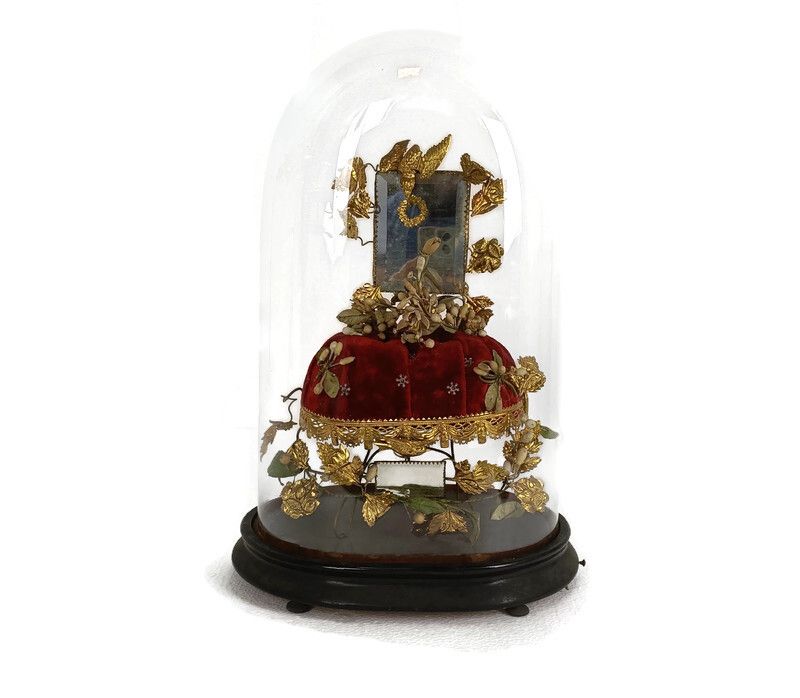 Antique Victorian French Bridal Wedding Dome Gold Gilt Leaves Ormolu Birds 19th