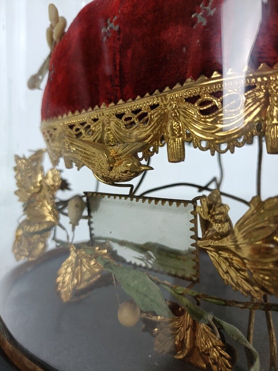 Antique Victorian French Bridal Wedding Dome Gold Gilt Leaves Ormolu Birds 19th photo vintage