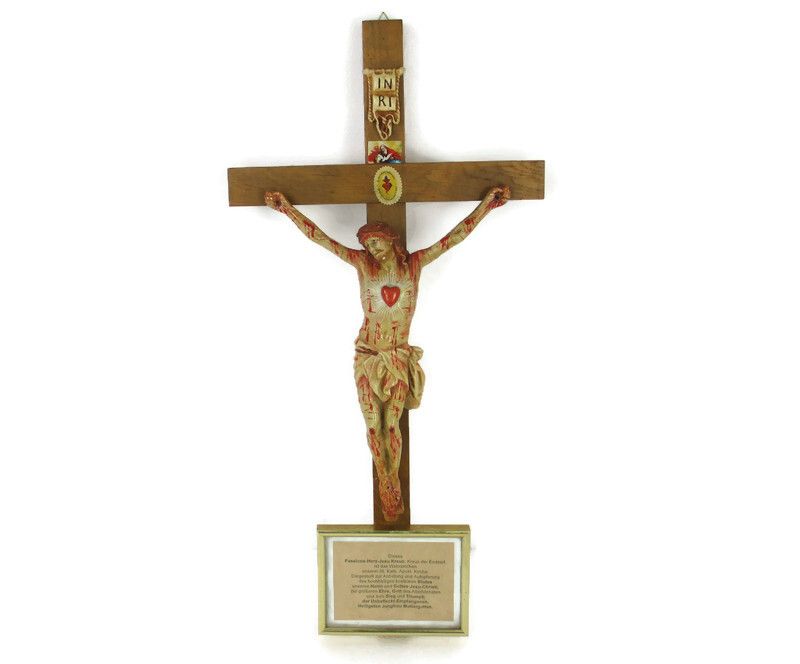 Xl Wood Hanging Church Crucifix Plaster Corpus Dramatic Holy Heart Germany