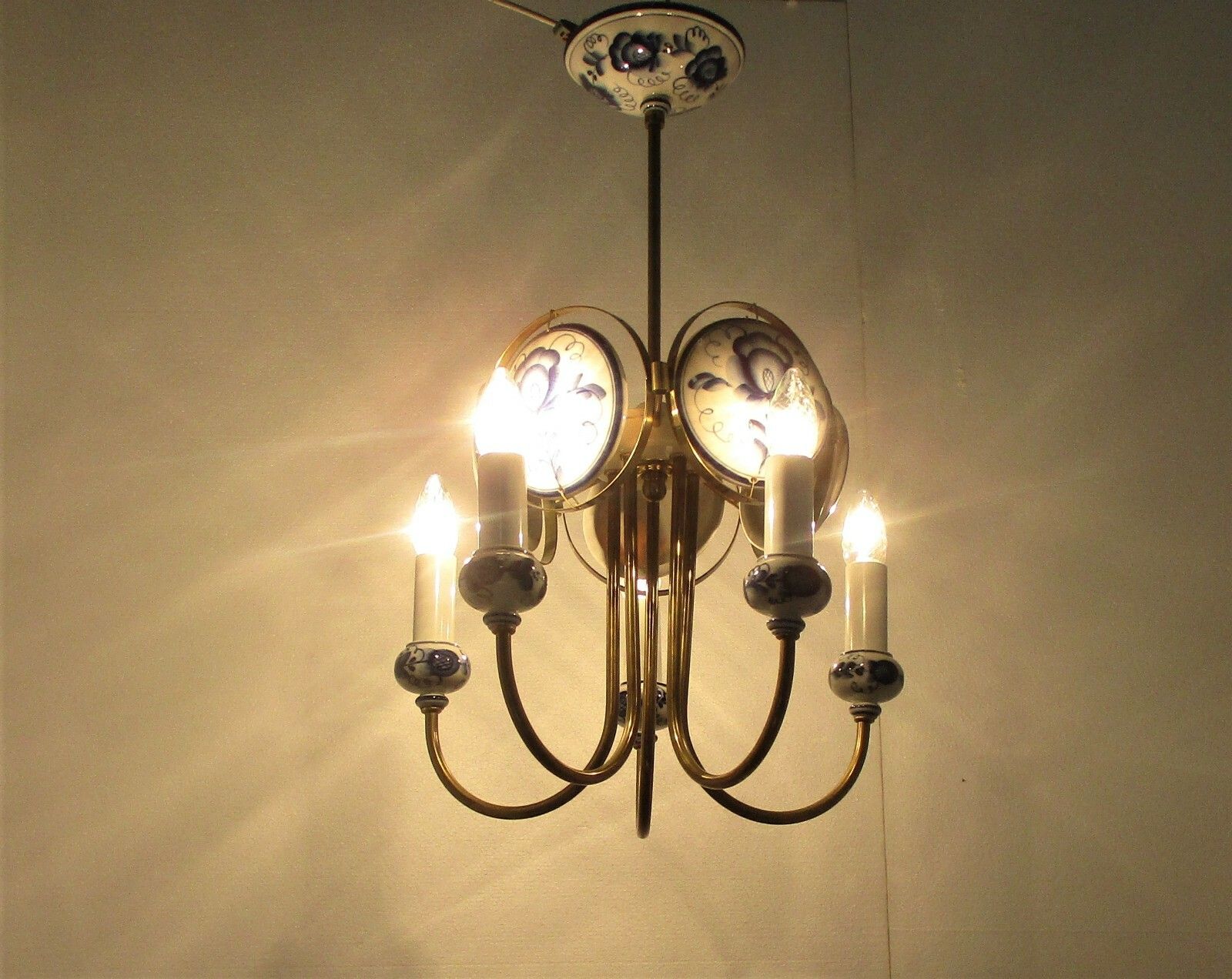 Delft Blue White Porcelain  Brass Chandelier Dutch 5 Arm Lights Htf Medallions photo for sale