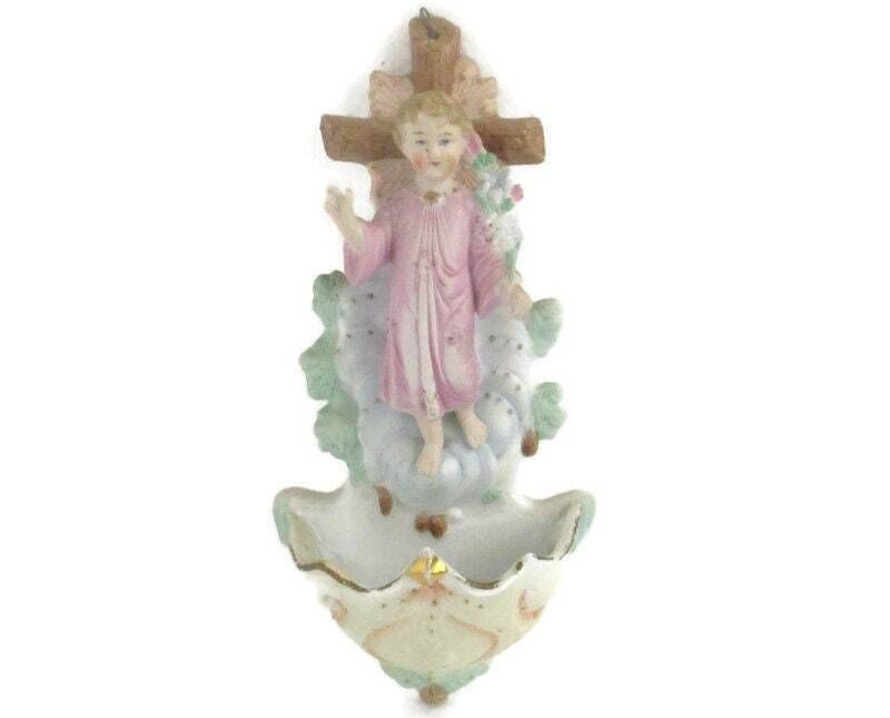 Porcelain Bisque Holy Water Font Vessel Infant Jesus  Wall Hanging Antique