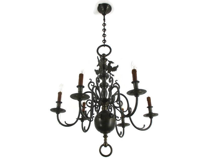 Antique Flemish Dutch Double Chandelier 6 Arms Lights Bronze 19th Century  Wow