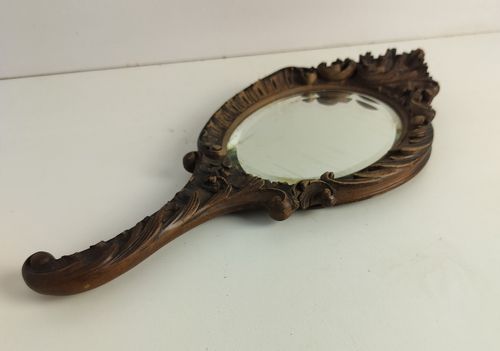Antique Brass Hand Mirror Embossed Etched Beveled Glass Art Nouveau Lovely photo 142.0