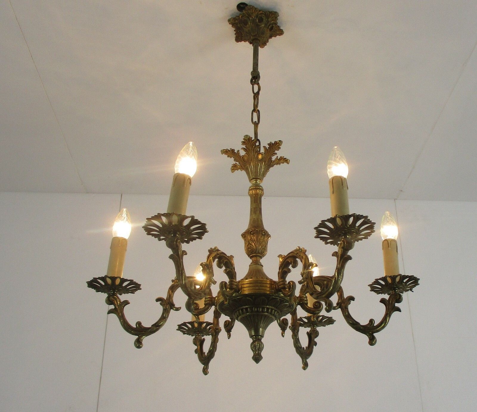 Chandelier 6 Lights Brass Hollywood Regency Ornate Mid Century Modern Vintage photo for sale
