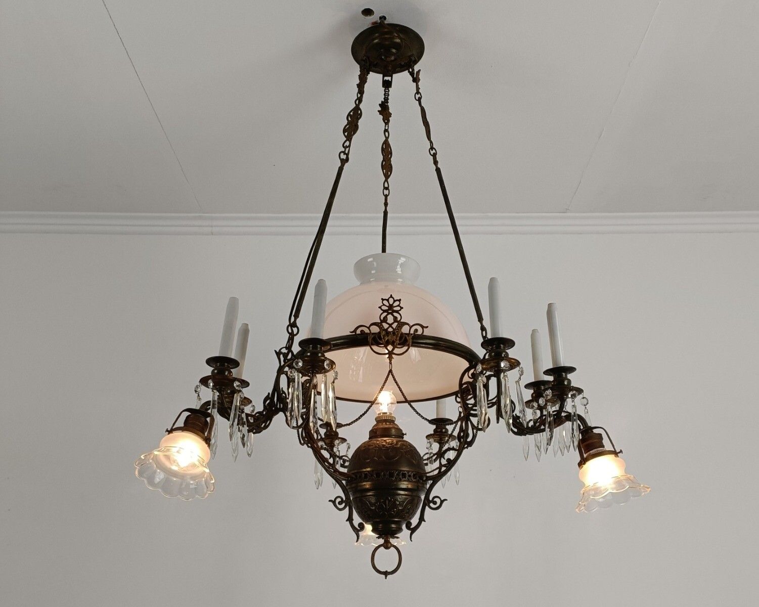 Lampe Belge Antique Chandelier Opaline Glass Shade Ornate Brass 4 Lights 9 Candl photo furniture