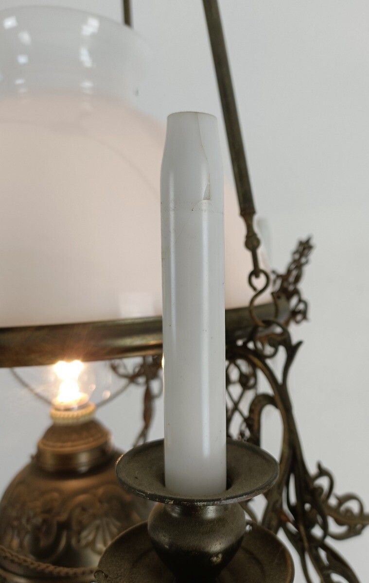 photo for sale Lampe Belge Antique Chandelier Opaline Glass Shade Ornate Brass 4 Lights 9 Candl