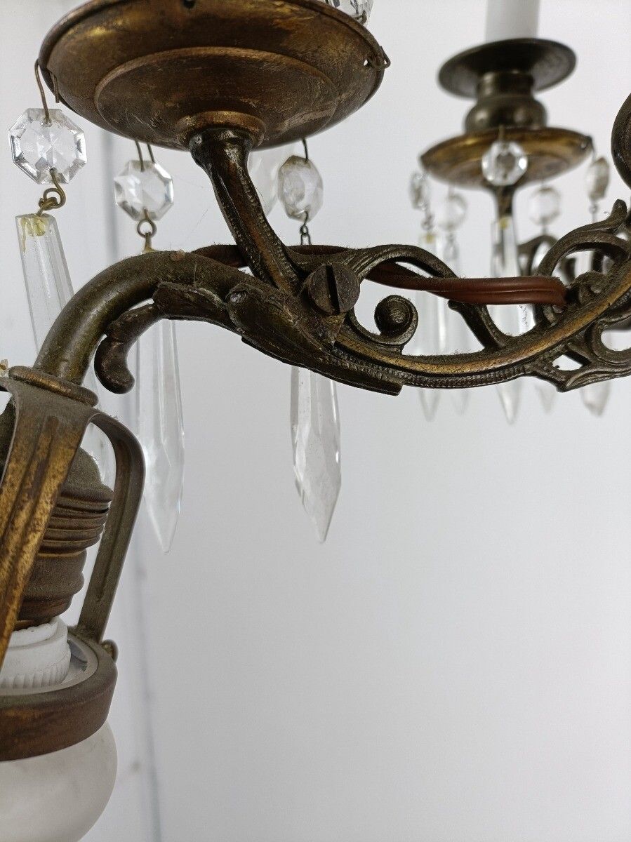 Lighting Lampe Belge Antique Chandelier Opaline Glass Shade Ornate Brass 4 Lights 9 Candl photo