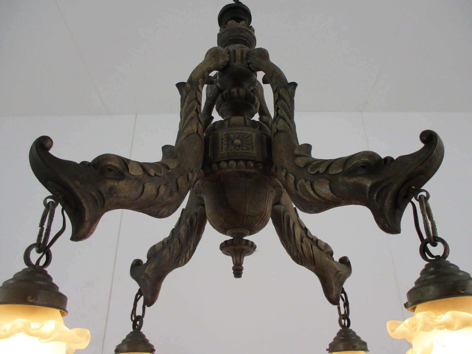 Hand Carved Wooden Chandelier  4 Arm Lights Barn Country Farmhouse Style Fish photo for sale