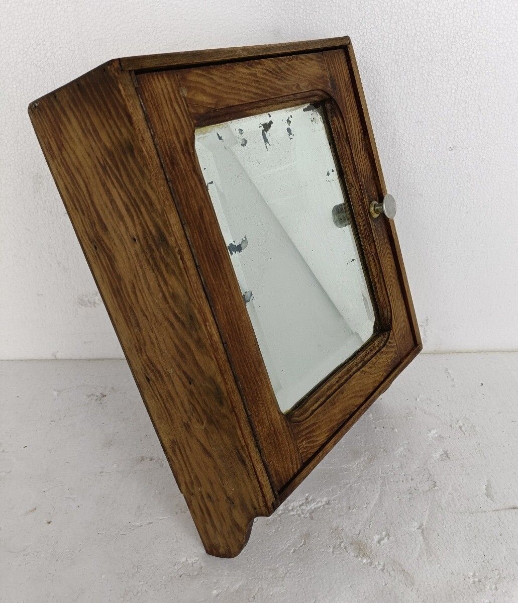 Small Antique Medicine Apothecary Cabinet Beveled Glass Wood Hanging Kitchen Bat photo Furniture