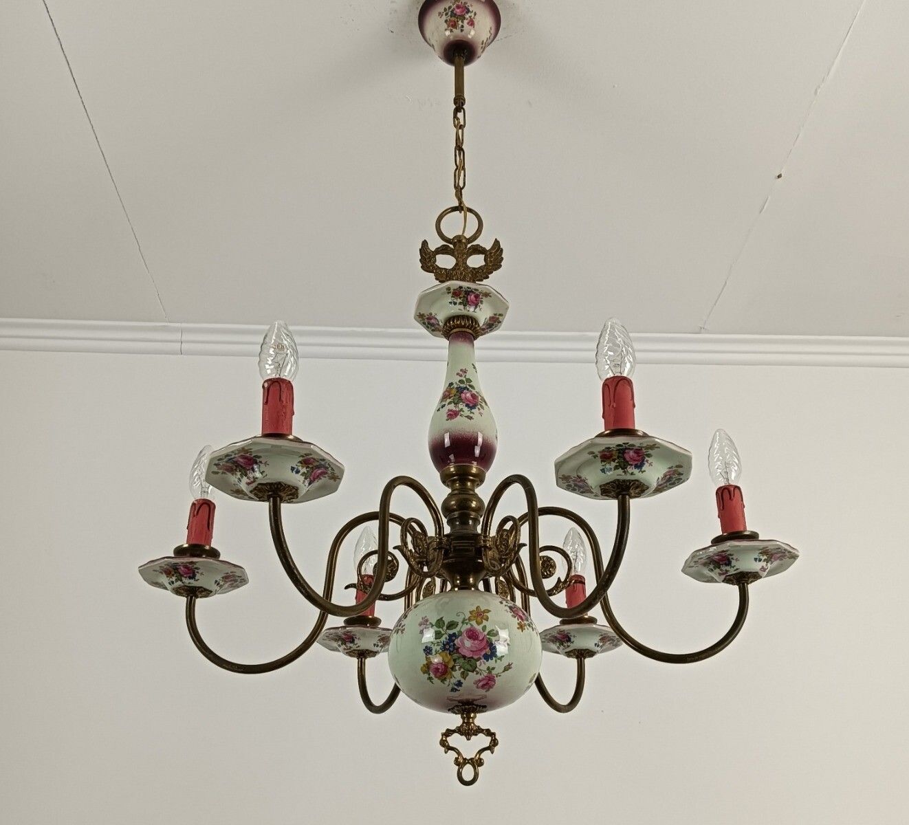 photo for sale Italian Vintage Romantic Chandelier Porcelain Brass Flower Pattern 6 Lights Barn