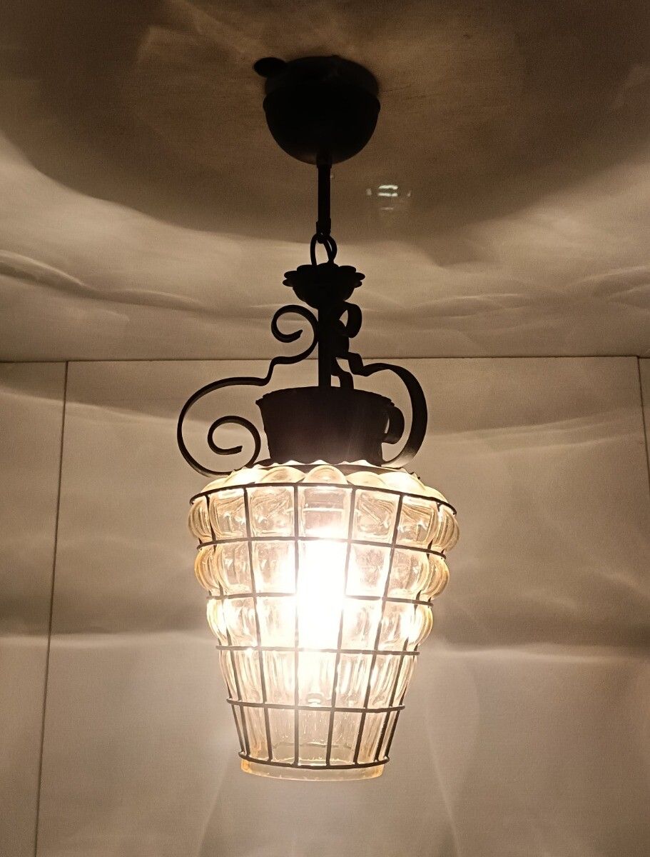 Chandelier Pendant Lamp Lantern Amber Bubbled Glass Wrought Iron Vintage photo for sale