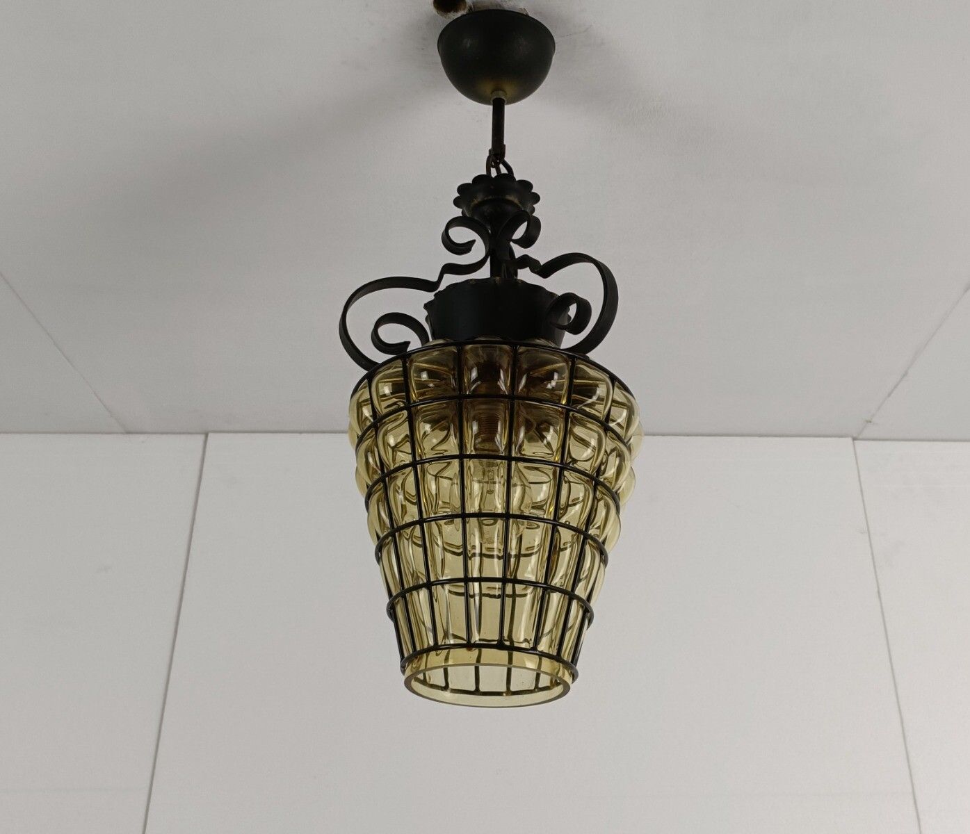 Chandelier Pendant Lamp Lantern Amber Bubbled Glass Wrought Iron Vintage photo Lighting