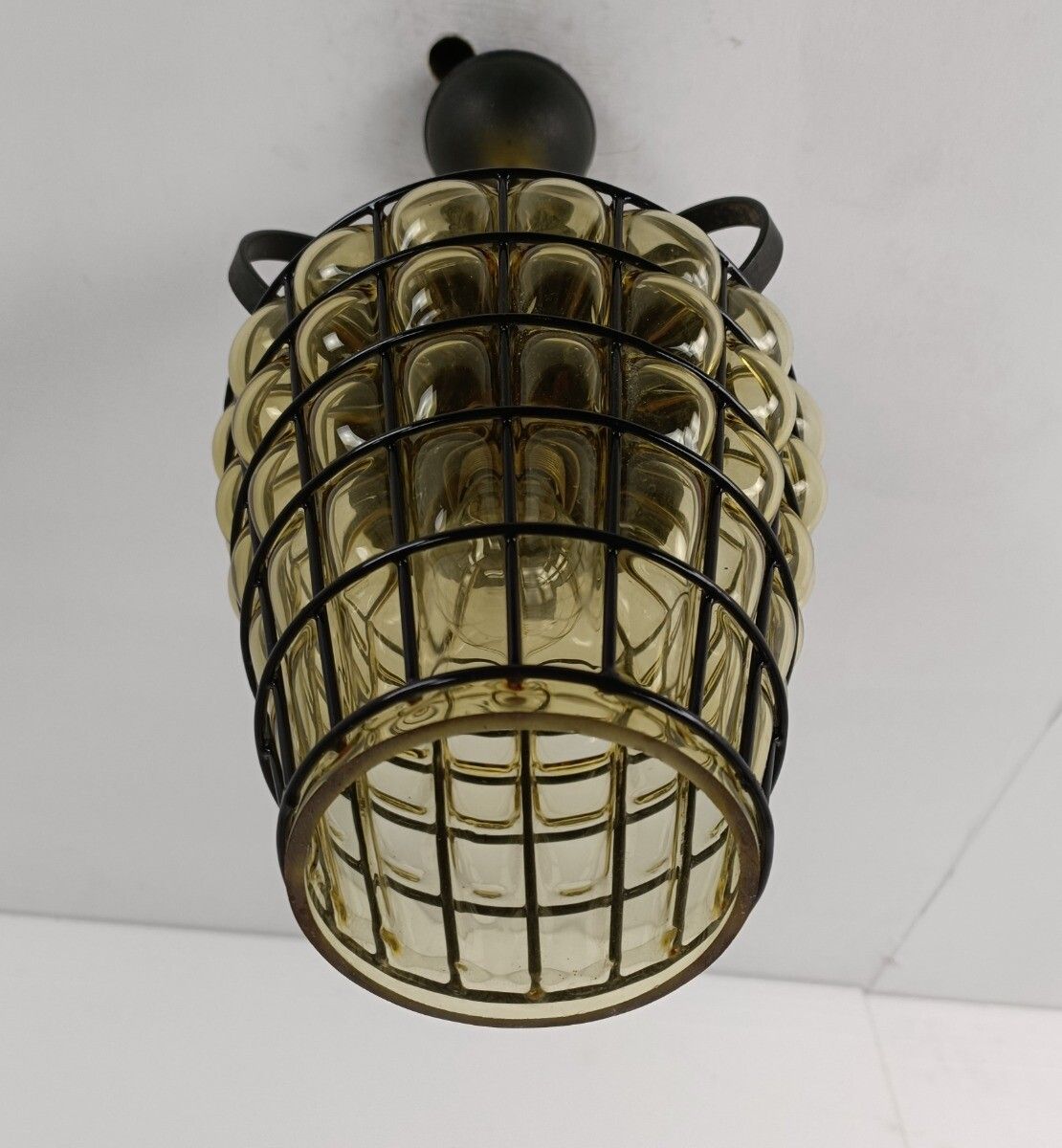 Chandelier Pendant Lamp Lantern Amber Bubbled Glass Wrought Iron Vintage photo vintage
