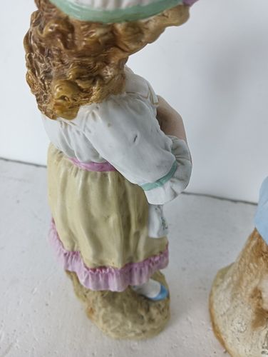 Two Statue Figurines  Porcelain  Porcelain Antique Germany Boy Puppies Girl Kitt photo for sale