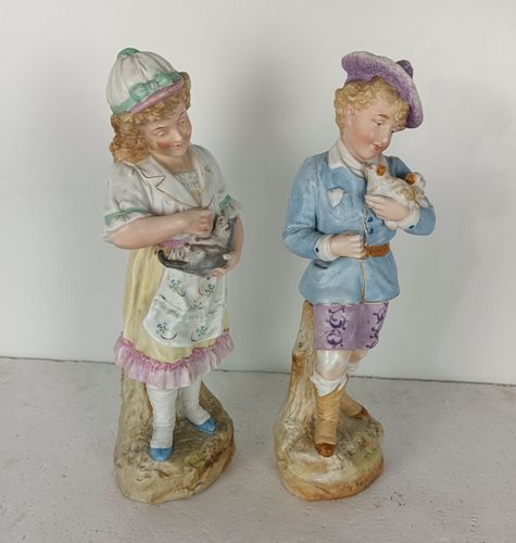 photo vinterior Two Statue Figurines  Porcelain  Porcelain Antique Germany Boy Puppies Girl Kitt