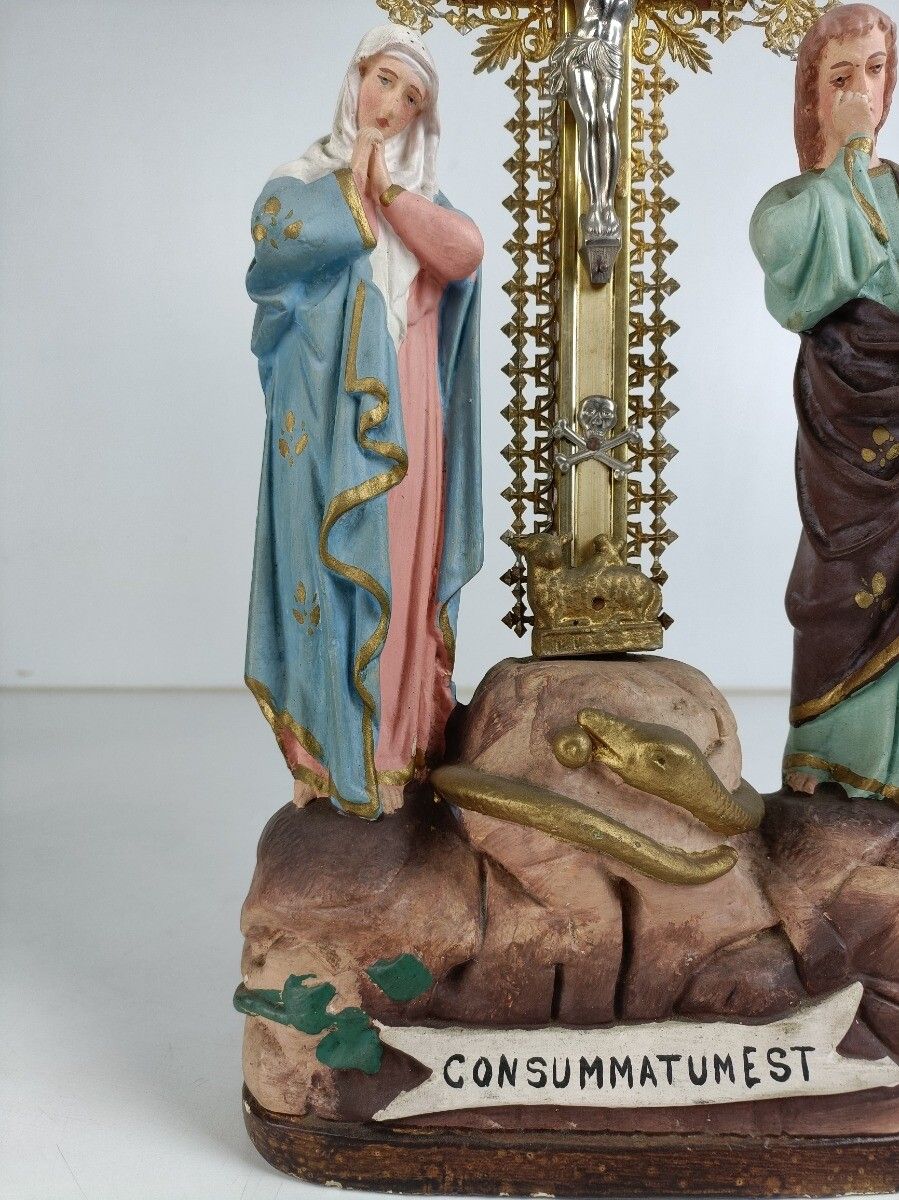 Calvary Crucifix Christ Crucifixion Mary Magdalene St John Consummatum  Est Plas photo vintage