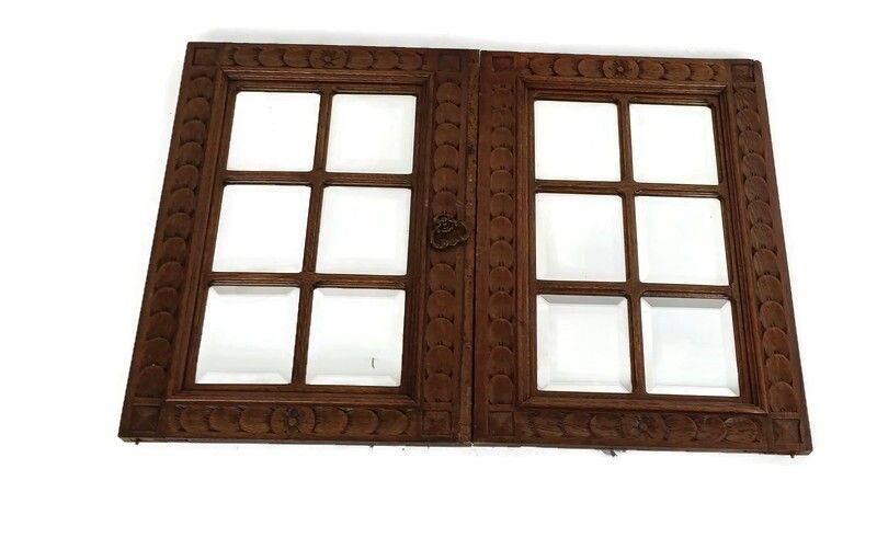 Pair Antique Wooden Beveled Glass Carved  Door Panels Salvaged Reclaimed Archite