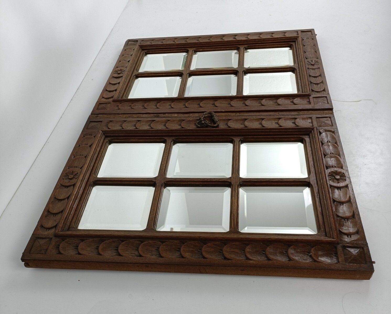 Pair Antique Wooden Beveled Glass Carved  Door Panels Salvaged Reclaimed Archite photo Home Fixtures