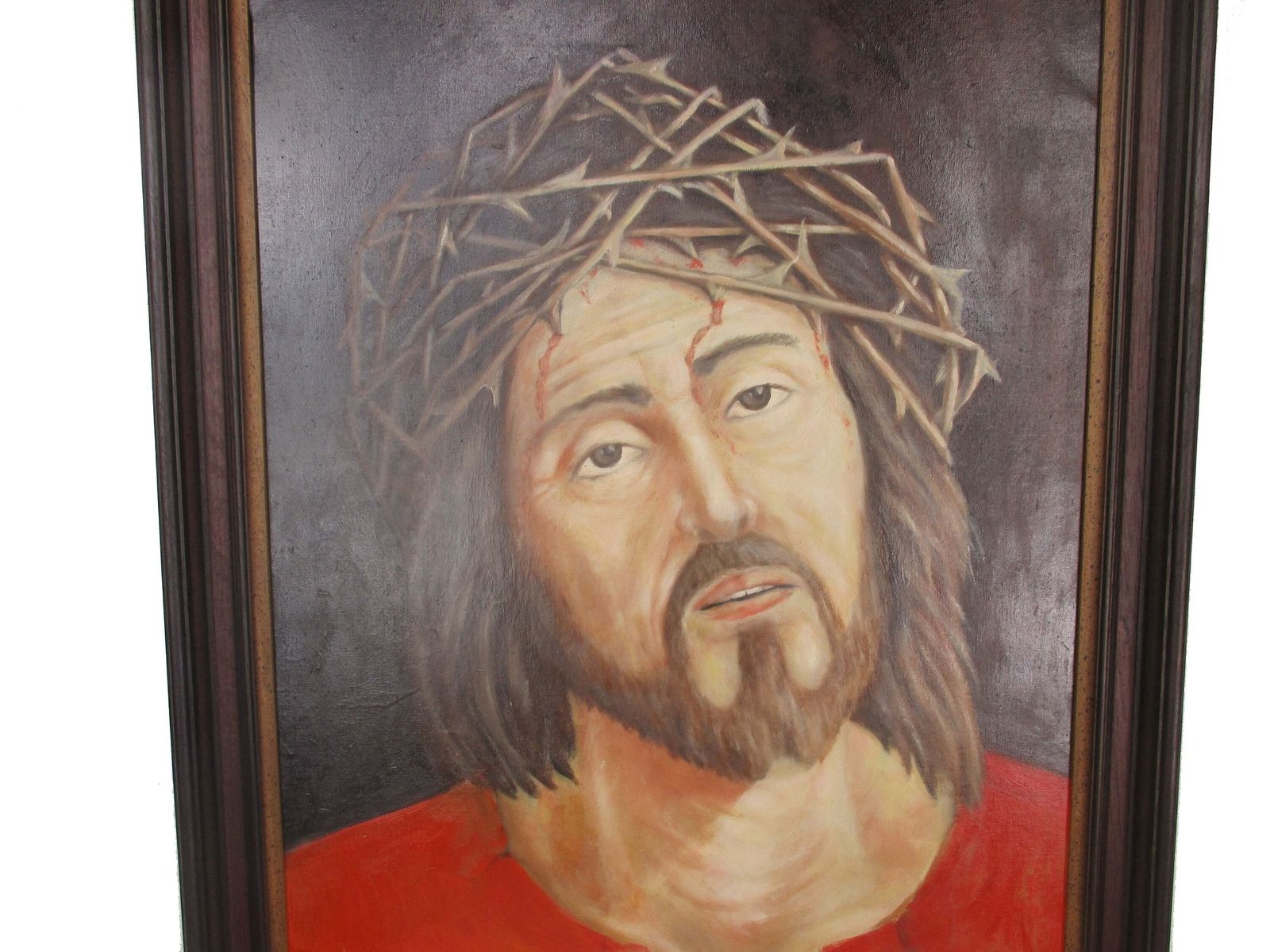 Lovely Painting Oil On Canvas Framed Jesus Christ Savior Head Of Thorns Signed G photo furniture