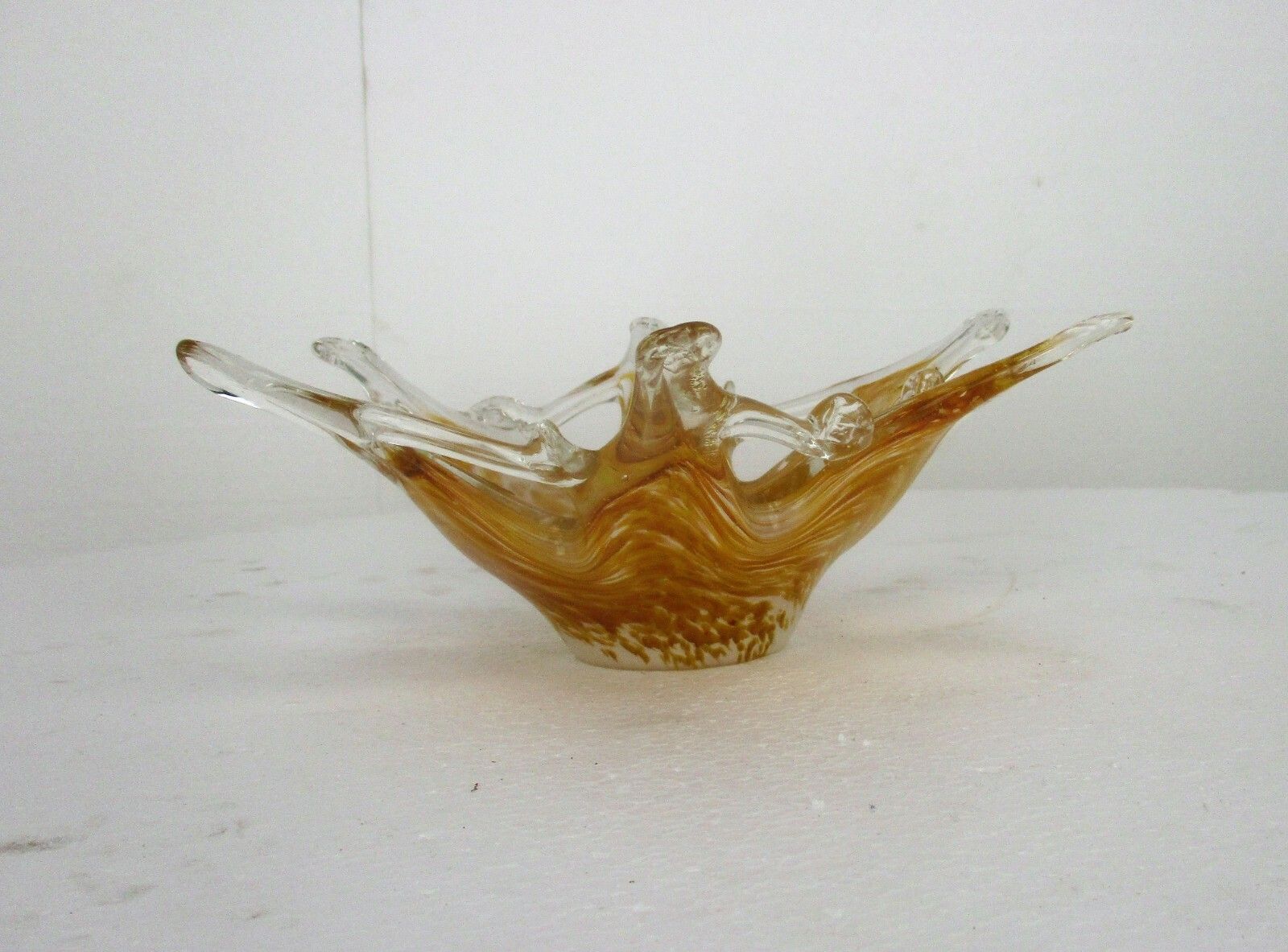 Small Italian Art Glass Amber Yellow Star Bowl Dish Centerpiece Murano Basket photo for sale