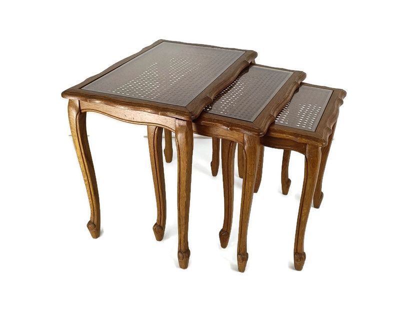 Set Of 3 Wooden Nesting Stacking Side Tables  Rush Glass Barn Country  Farmhouse
