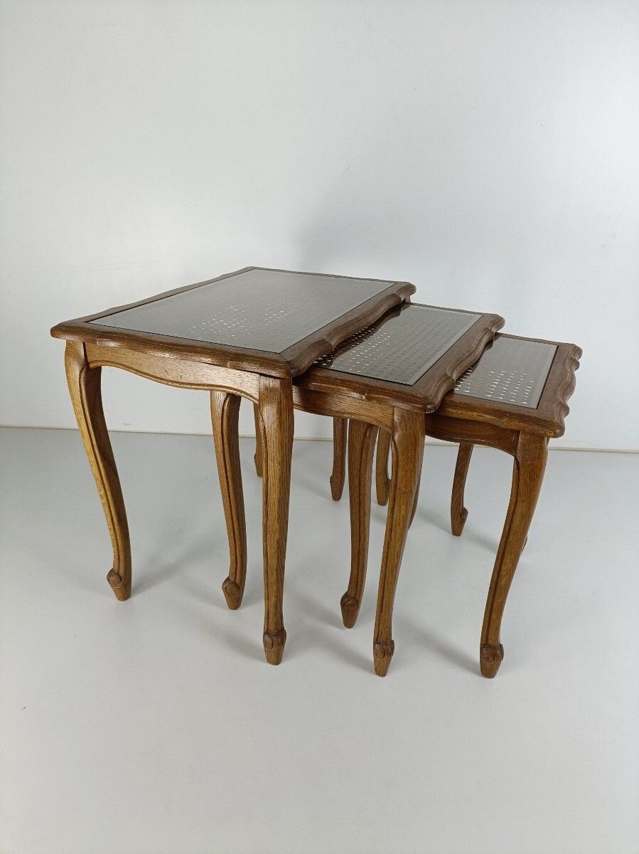 Set Of 3 Wooden Nesting Stacking Side Tables  Rush Glass Barn Country  Farmhouse photo furniture