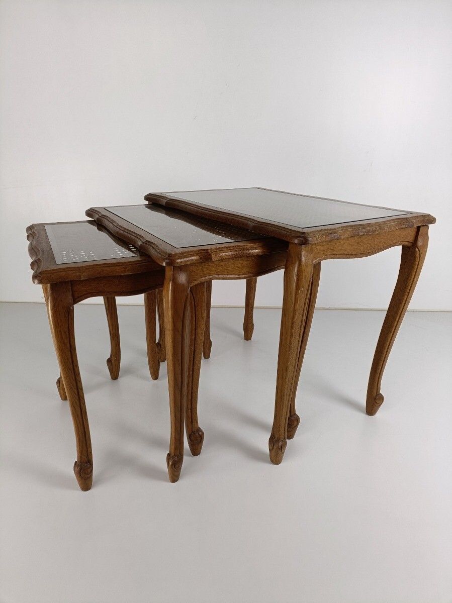 Set Of 3 Wooden Nesting Stacking Side Tables  Rush Glass Barn Country  Farmhouse photo vinterior