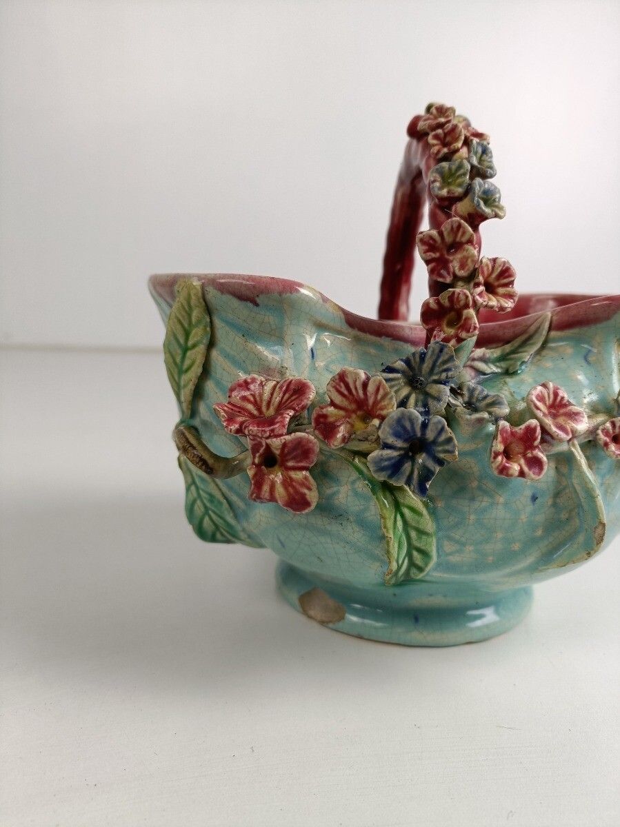Planter Cache Pot French Pottery Faience Majolica Flowers Art Deco Gorgeous Bask photo vinterior