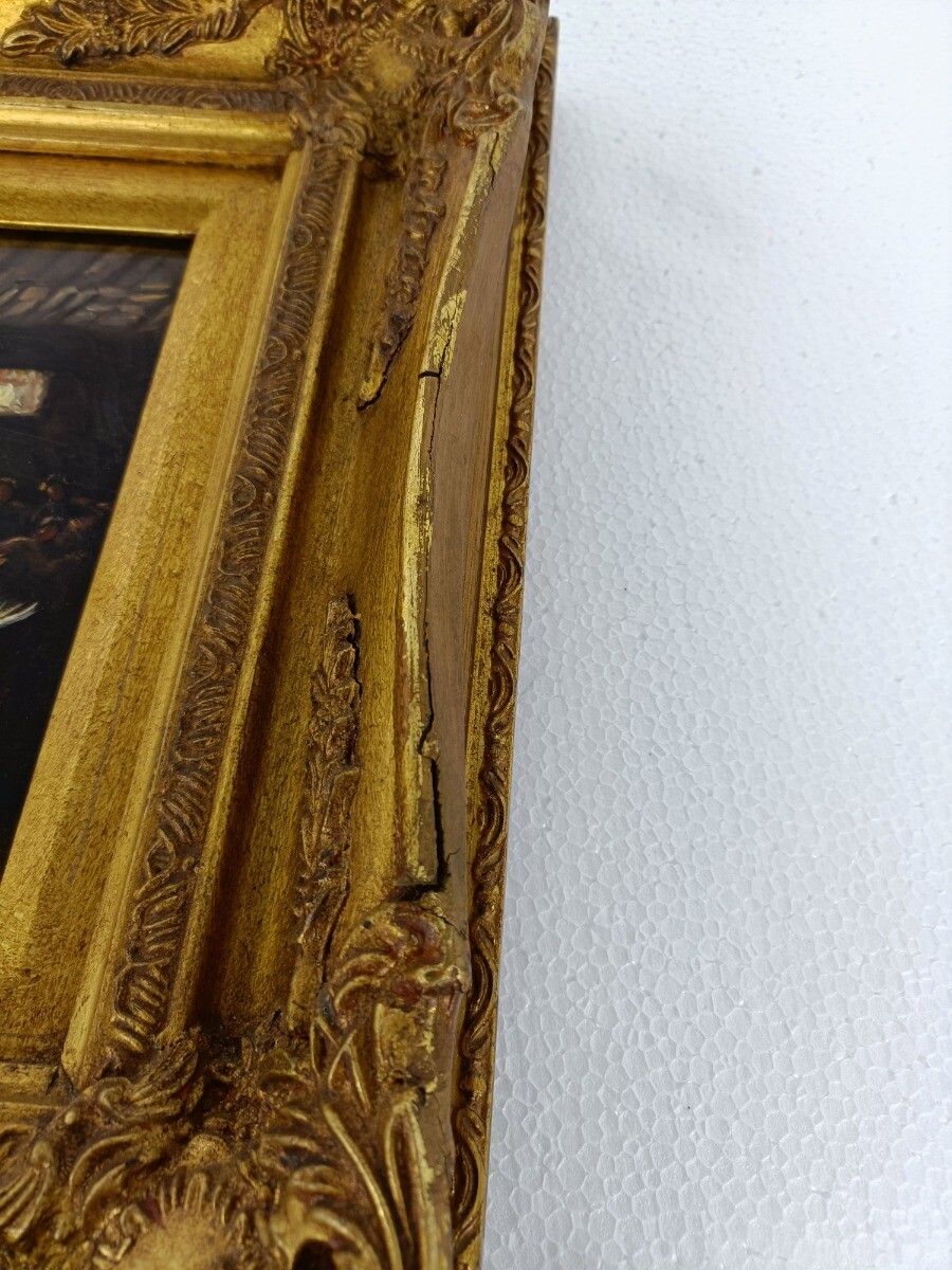 photo furniture Oil Painting On Wood  Gorgeous Wood And Plaster Frame Signed De Belie V. Peasant