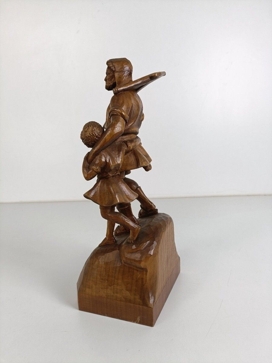 Antique Wooden Statue Of Wilhelm Tell With His Son Brienz, 1890s Sculpture Signe photo Art
