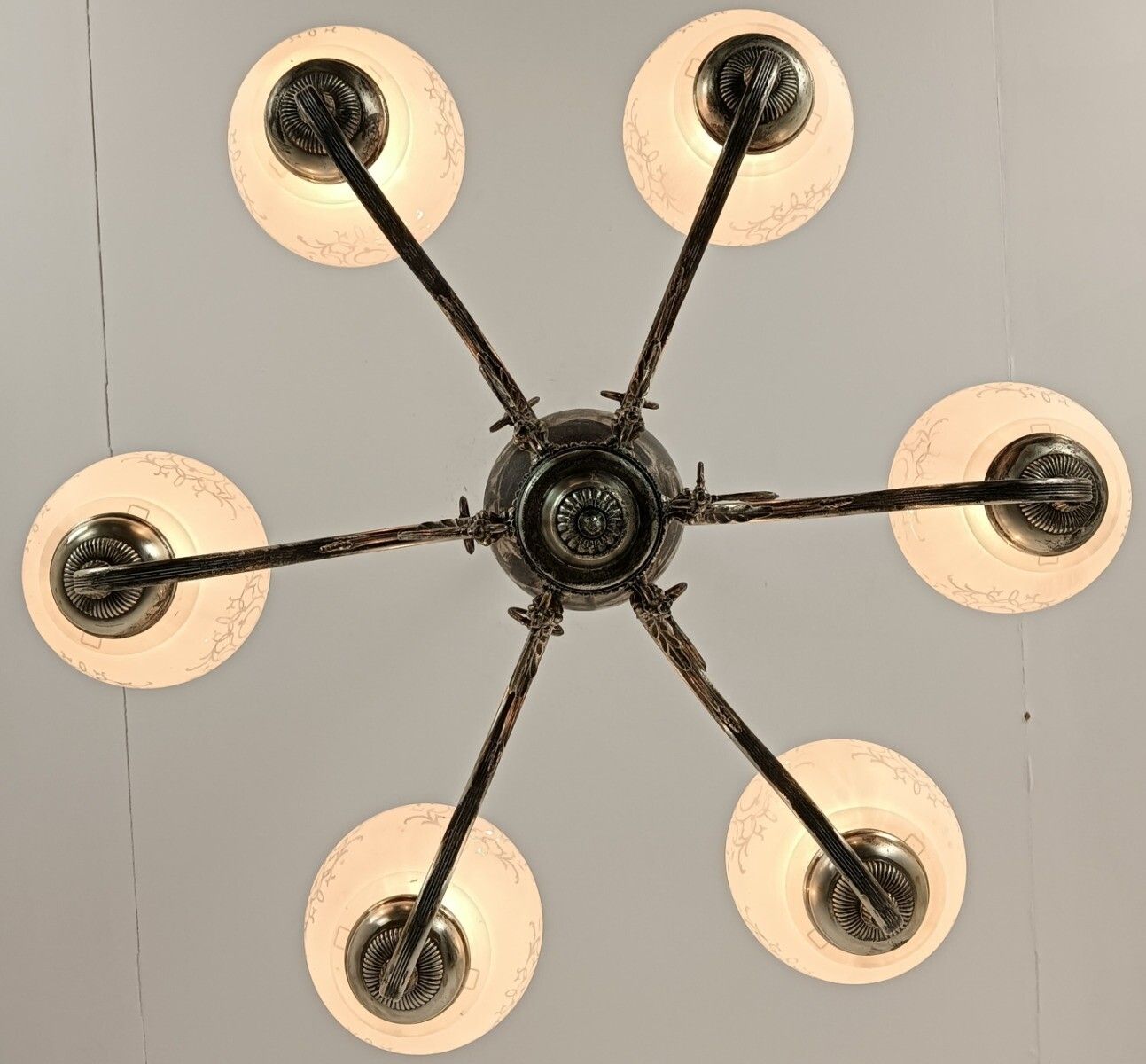 Silver Plated Chandelier Brass Glass Hand Painted Shades 6 Lights Vintage Victor photo for sale