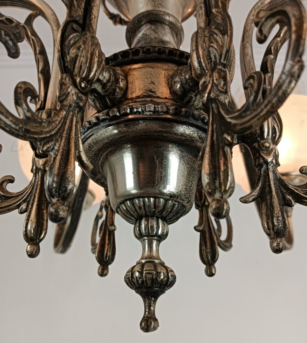 Silver Plated Chandelier Brass Glass Hand Painted Shades 6 Lights Vintage Victor photo buy