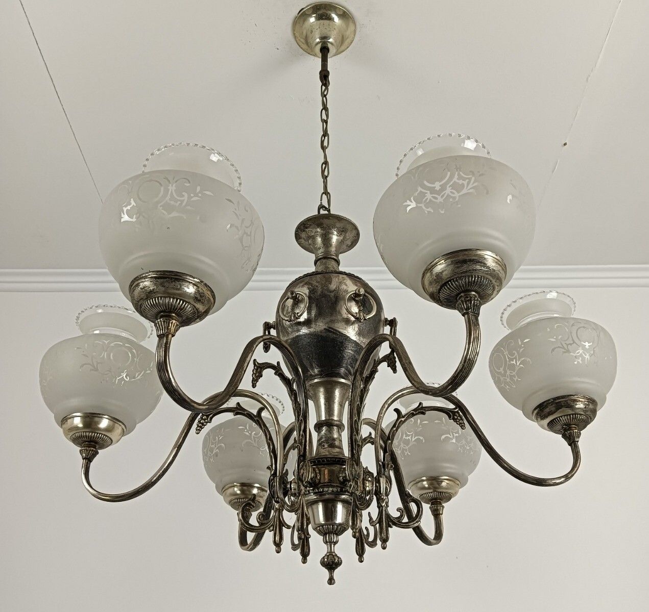 photo for sale Silver Plated Chandelier Brass Glass Hand Painted Shades 6 Lights Vintage Victor